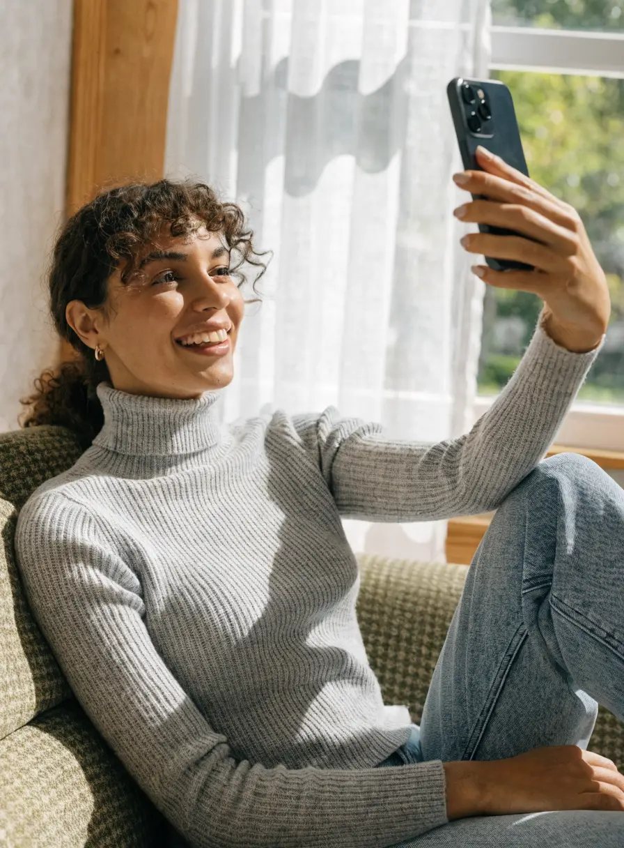 A woman taking her passport photo at home with SnapPassport